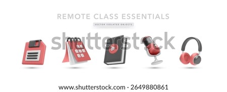 Remote Learning Icons Including Calendar, Microphone, Headphones, Book And Save Button In 3D Cartoon Style. Minimal Design For Online Education. Vector Illustration.