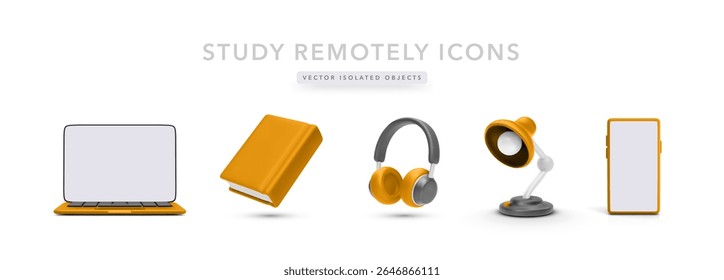 Remote Learning Icons Including Laptop, Book, Headphones, Desk Lamp, And Smartphone. Perfect For Online Education, Virtual Classrooms, And Study Resources. Modern Vector Illustration.