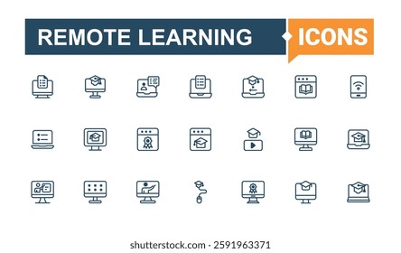 Remote Learning linear icon collection. Included icons as e-book, school, learn, graduate, book, learning, student, lesson. Solid line editable stroke. Vector line and solid icons.