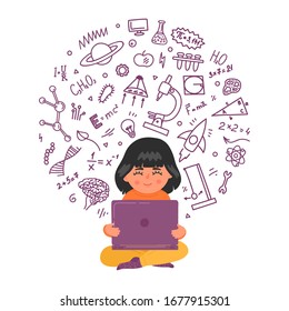 Remote Learning. Online, Distance Children Education. Girl Working On Laptop. Kid With Educational Doodle. Vector Illustration.