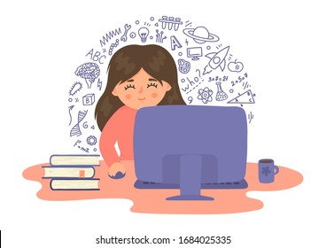 Remote learning. Online distance education. Cute girl studying school subjects using computer. Educational webinar, online learning technology vector illustration on white background.