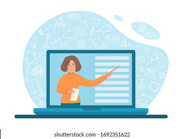 Remote learning. Online distance education. Teacher with pointer on laptop screen writs school subjects doodle around. Educational video conference, or webinar vector illustration.