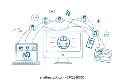 Remote Learning online, e-learning , connection with different people around the world. Laptop, notebook, tablet, phone, computer. Vector illustration doodles, thin line art sketch style concept