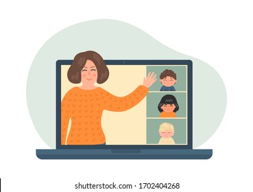 Remote learning. Online lesson. Distance preschool education. Female teacher teach elementary school children on educational webinar.