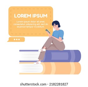 Remote learning quote textbox with flat character. College student. Speech bubble with editable cartoon illustration. Creative quotation isolated on white background. Fredoka One Regular font used