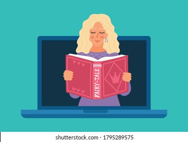Remote learning. Woman reading fairy-tale online. Children's entertainment, development and education webinar. Teacher on laptop screen holding book.