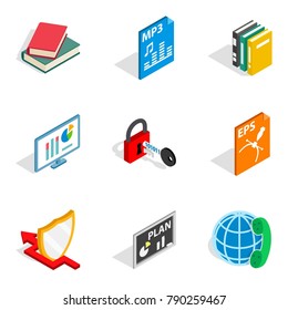 Remote lesson icons set. Isometric set of 9 remote lesson vector icons for web isolated on white background