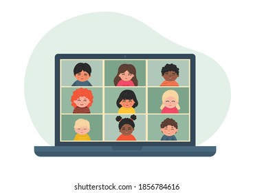 Remote lesson. School children on educational webinar on laptop. Distance preschool education. 