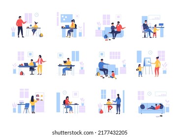 Remote lessons. Cartoon parents and children learning at home via laptop, students writing and studying. Vector online education concept with students. Illustration of education child at home