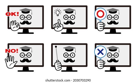 Remote lessons at an online university. Cartoon style vector icon set.