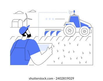 Remote machine navigation abstract concept vector illustration. Farmer with smartphone controls machine navigation, tractors and heavy ploughing equipment run automatically abstract metaphor.