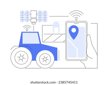 Remote machine navigation isolated cartoon vector illustrations. Farmer with smartphone controls machine navigation, tractors and heavy ploughing equipment run automatically vector cartoon.