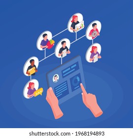 Remote management concept with character monitoring work of employees online 3d isometric vector illustration