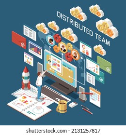 Remote management distant work distributed team isometric concept with 3d symbols and human character on color background vector illustration