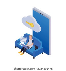 Remote Management Distant Work Isometric Icons Composition With Man Sitting On Sofa With Key Cloud Icon And Smartphone Vector Illustration