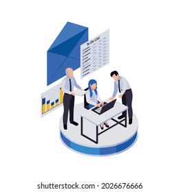 Remote management distant work isometric icons composition with group of workers with envelope icon and list of tasks vector illustration