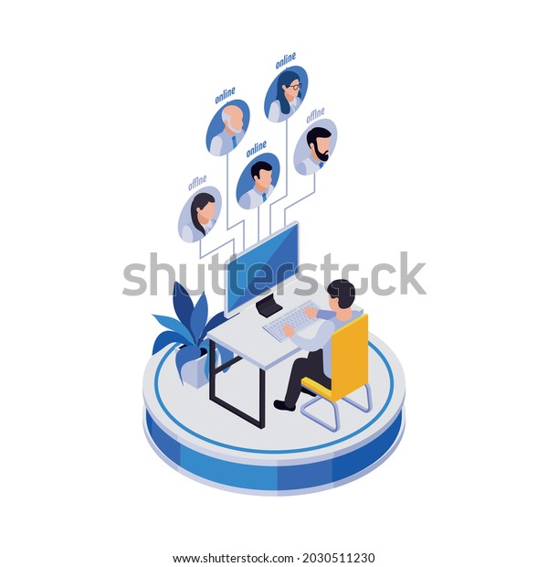 Remote management distant work isometric\
icons composition with man at computer table with avatars of\
distant workers vector\
illustration