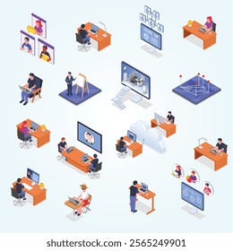 remote management teamwork isometric icons set with employees working computers from home isolated	