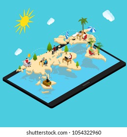 Remote Managing Concept 3d Isometric View on a Blue Background Business Management Network Technology with Tablet. Vector illustration