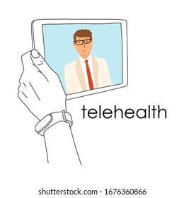 Remote medicine application tablet, telehealth. Use computer and telecommunication technologies for exchange medical information. Med Tech is leading venture capital industry, banner.