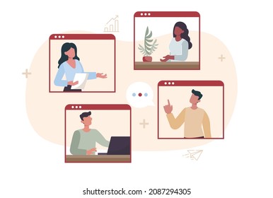 Concepto de reunión remota. Los empleados se comunican y discuten los detalles del proyecto a través de un enlace de vídeo. Hombres y mujeres en una conferencia en línea. Trabajo en equipo o colaboración. Ilustración vectorial plana moderna de dibujos animados