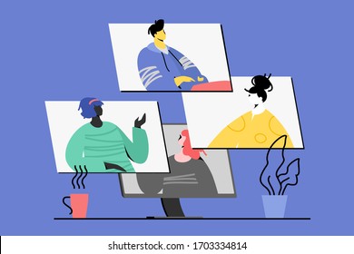 Remote meeting or conference vector concept. Modern people male and female faceless characters on computer screens. Teamwork and network illustration for app and web design