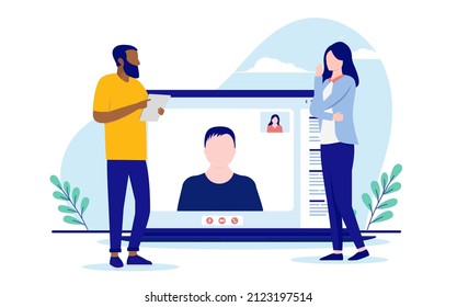 Remote meeting at work - People having a physical meeting while colleagues participating remotely online on computer screen. Flat design vector illustration with white background