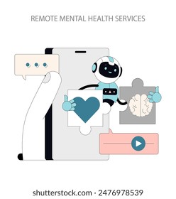 Remote Mental Health Services concept. An illustration of digital therapy with a caring robot assembling wellness puzzles. Online emotional support and brain health. Vector illustration.