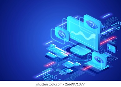 Monitoramento remoto em fábrica inteligente. Conectividade IoT, visualização de dados em tempo real, rastreamento de equipamentos e alertas automatizados para eficiência industrial.  Ilustração de vetor isométrico 