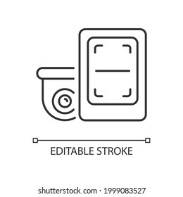 Remote monitoring with surveillance system linear icon. Providing instant video recording to home. Thin line customizable illustration. Contour symbol. Vector isolated outline drawing. Editable stroke