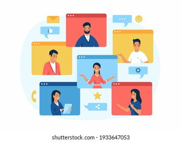 Remote negotiations. Business team communication. Male and female cartoon characters colleagues working on a project using video communication software. Flat vector illustration