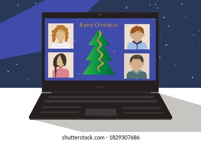 Remote New Year greetings during the pandemic and quarantine. The concept of remote communication via video communication from home. Vector image