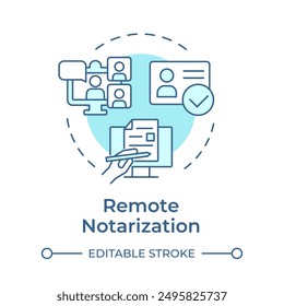 Remote notarization soft blue concept icon. Video conferencing, electronic signature. Round shape line illustration. Abstract idea. Graphic design. Easy to use in infographic, presentation