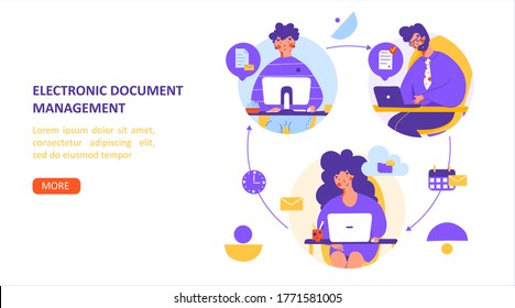 Remote office electronic document flat vector landing page template. Digital communication.
