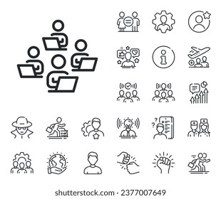 Remote office sign. Specialist, doctor and job competition outline icons. Teamwork line icon. Team employees symbol. Teamwork line sign. Avatar placeholder, spy headshot icon. Strike leader. Vector