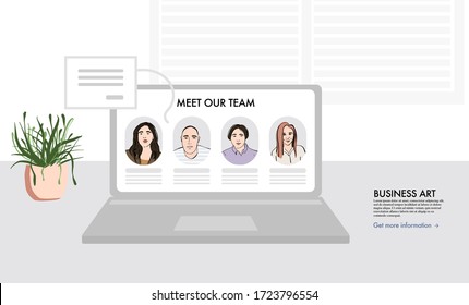 Remote office team members, Support business workers landing page. Happy young diversity Cartoon characters,companies support team working on computer. Vector flat illustration .