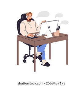 Remote office worker communicates by video call or conference at the desk. Employee works at distance by computer, talks online at home workplace. Flat isolated vector illustration on white background