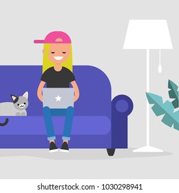 Remote office. Young female millennial freelancer working at home. Modern lifestyle / flat editable vector illustration, clip art