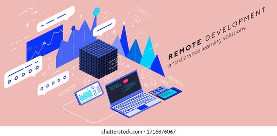 Remote online coding, research and application development concept for business technology, engineering and innovations design. Eps10 vector illustration
