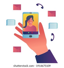 Remote online communication via phone and social networks. Hand holding a phone with video connection enabled