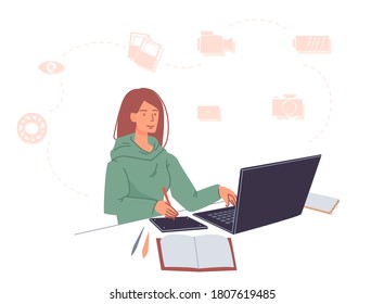 Remote online courses for designer photographer. Remotely knowledge development using internet. Young woman learning subject in laptop sitting at desk at home. Distance education concept
