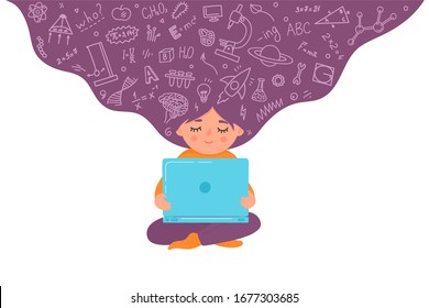 Remote, online, distance children education. Girl working on laptop. Home schooling concept. Kid with educational doodle. Vector illustration