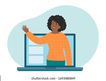 Remote, online, distance education. Teacher explain the topic of the lesson. African-american woman talking on laptop screen. Educational webinar vector illustration.