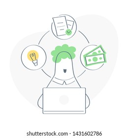 Remote online freelance work concept, brief job, project idea implementation, reward. Process steps revolve around the character's head. Flat modern outline vector illustration on white.