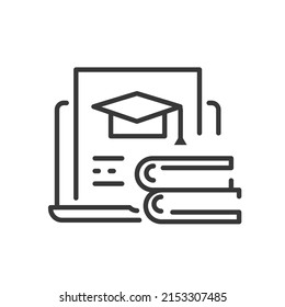 Remote online learning - vector line design single isolated icon on white background. High quality black pictogram. Image of laptop and books. Take final exams remotely. Education and school idea