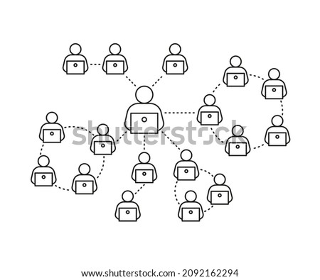 Remote online meeting teamwork in global communication, outline. Interaction in social networks. Net people into groups and use computer. Vector 