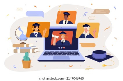 Remote online party for celebrating graduation from college, high school by internet. Vitrual video ceremony with graduate students in mantle and cap. Flat happy young people hold university diploma.