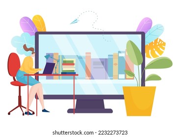 El proceso educativo universitario en línea remoto, el estudio de la casa de las estudiantes mujeres obtienen conocimiento de ilustración vectorial plana, aislada en blanco.