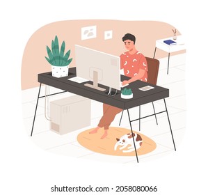 Remote online work from home office. Man freelancer working at modern cozy workplace with desk and computer desktop, and cute cat. Colored flat graphic vector illustration isolated on white background