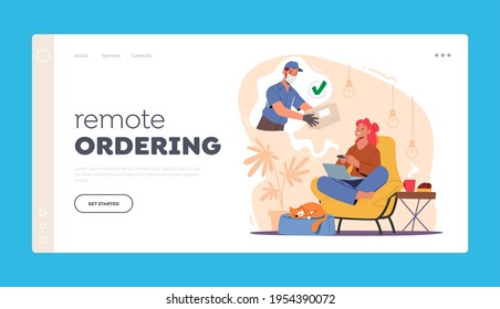 Remote Ordering Landing Page Template. Female Character Sitting at Home with Laptop Order Parcel or Food Delivery using Internet. Safe Shipping during Coronavirus. Cartoon People Vector Illustration